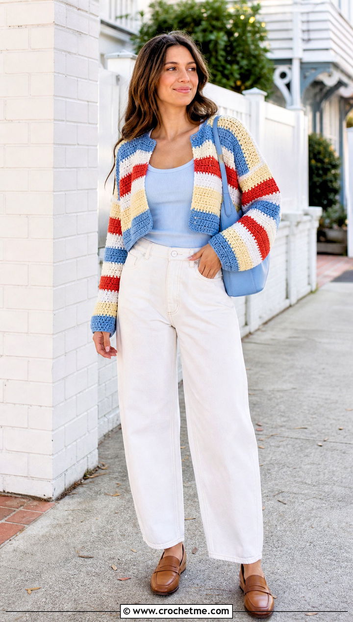Striped Chunky Crochet Crop Cardigan With White Jeans - 25 Chunky Crochet Crop Cardigan outfit ideas
