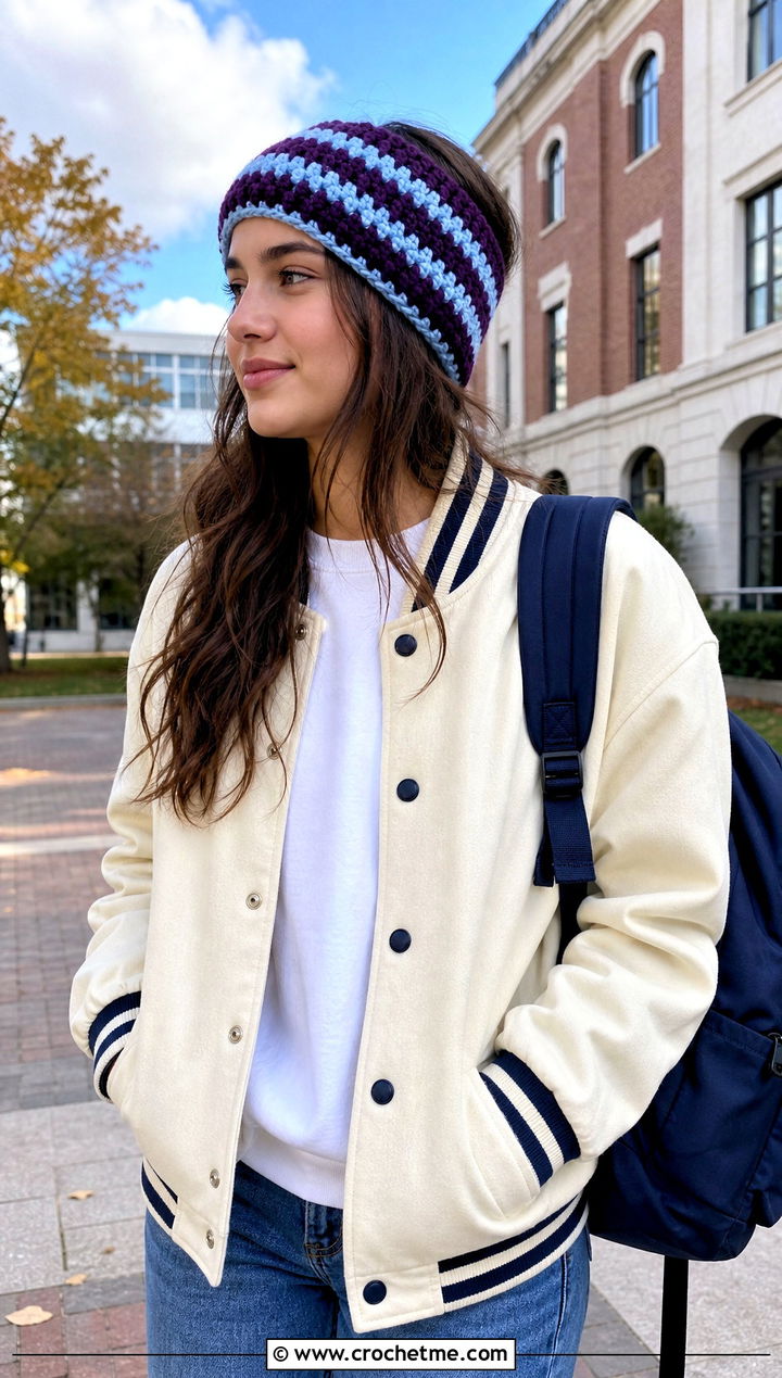 Striped Chunky Crochet Ear Warmer With Varsity Jacket - 30 chunky crochet ear warmer outfit ideas