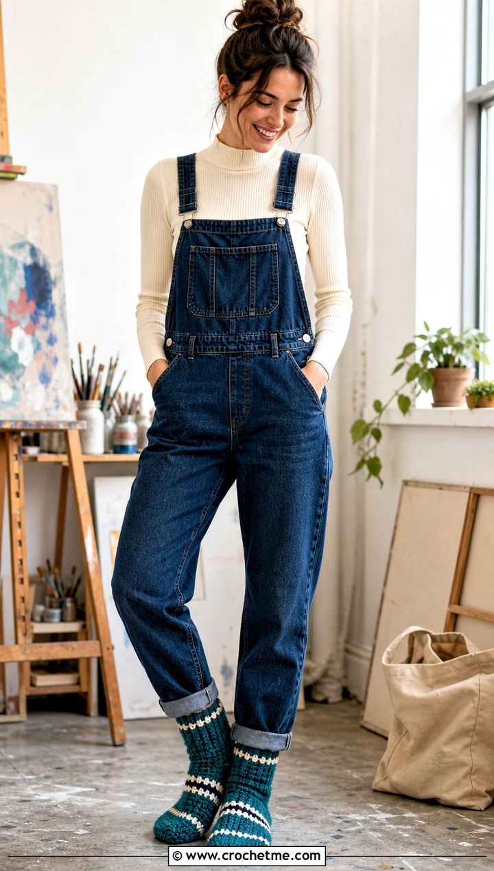 Striped Chunky Crochet House Socks With Denim Overalls - 15 crochet sock chunky yarn outfit ideas