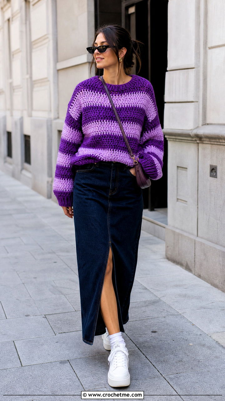 Striped Chunky Crochet Jumper With Denim Maxi Skirt - 35 chunky crochet jumper outfit ideas
