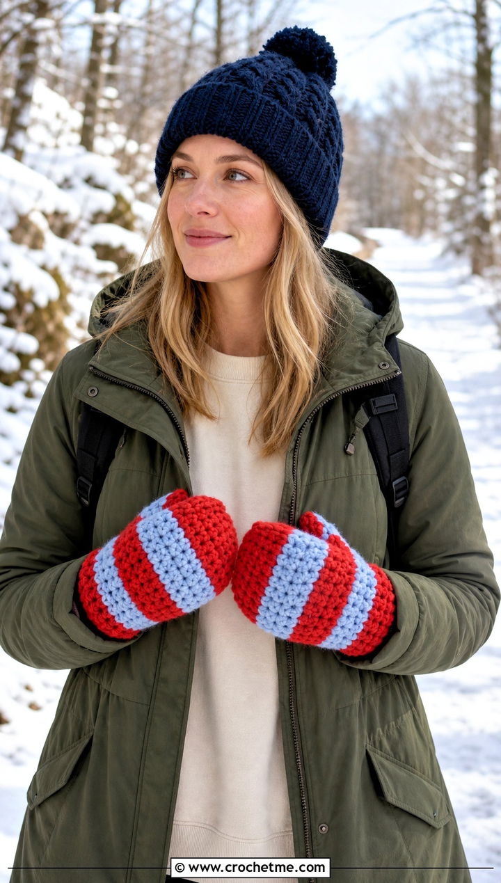 Striped Chunky Crochet Mittens With Parka - 20 Chunky Yarn Crochet Mittens outfit ideas