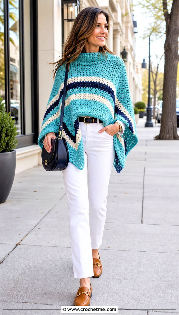 Striped Chunky Crochet Poncho With White Jeans - 25 Chunky Crochet Poncho outfit ideas