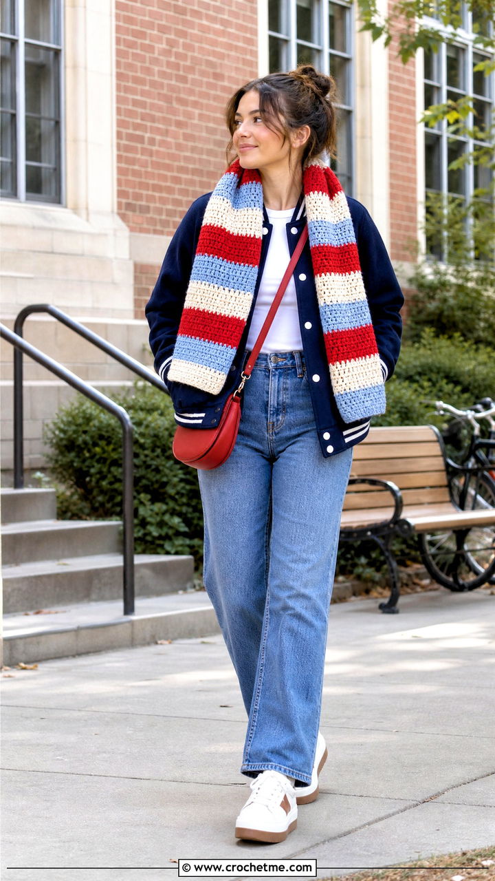 Striped Chunky Crochet Scarf With Varsity Jacket - 35 chunky crochet scarf outfit ideas