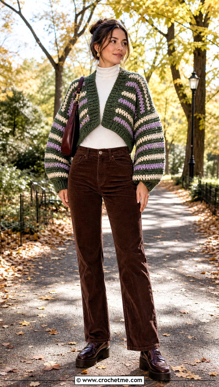 Striped Chunky Crochet Shrug With Corduroy Pants - 25 Chunky Crochet Shrug outfit ideas