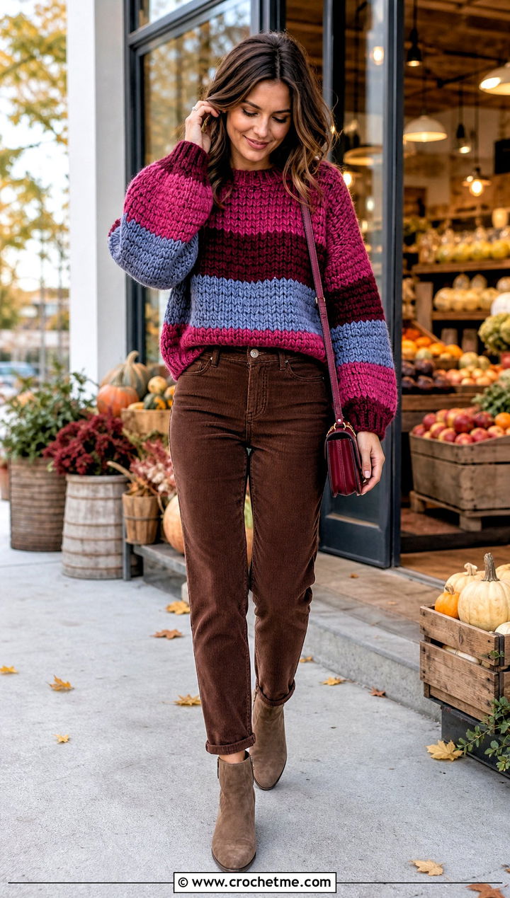 Striped Chunky Crochet Sweater With Corduroy Pants - 25 Easy Chunky Crochet Sweater outfit ideas