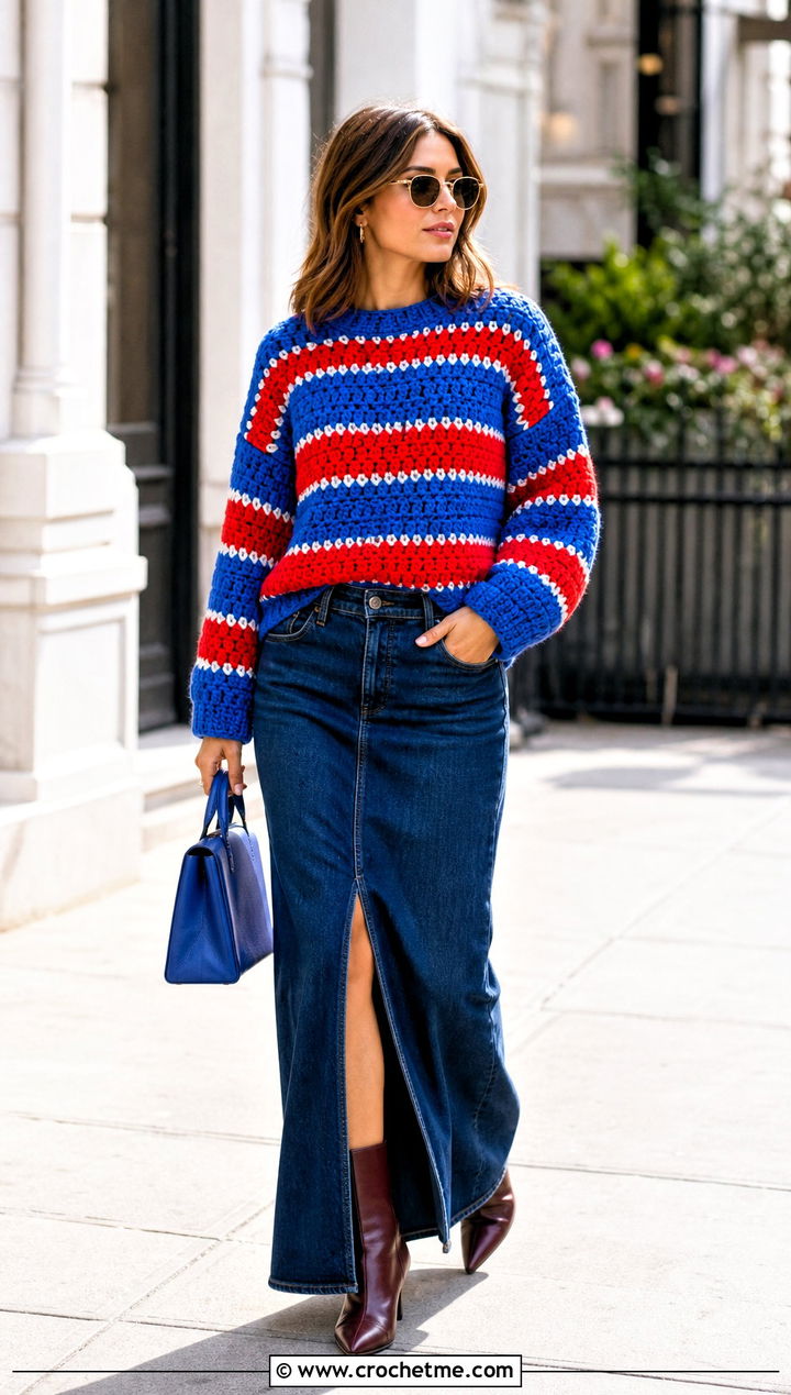Striped Chunky Crochet Sweater With Denim Maxi Skirt - 25 chunky yarn crochet sweater outfit ideas