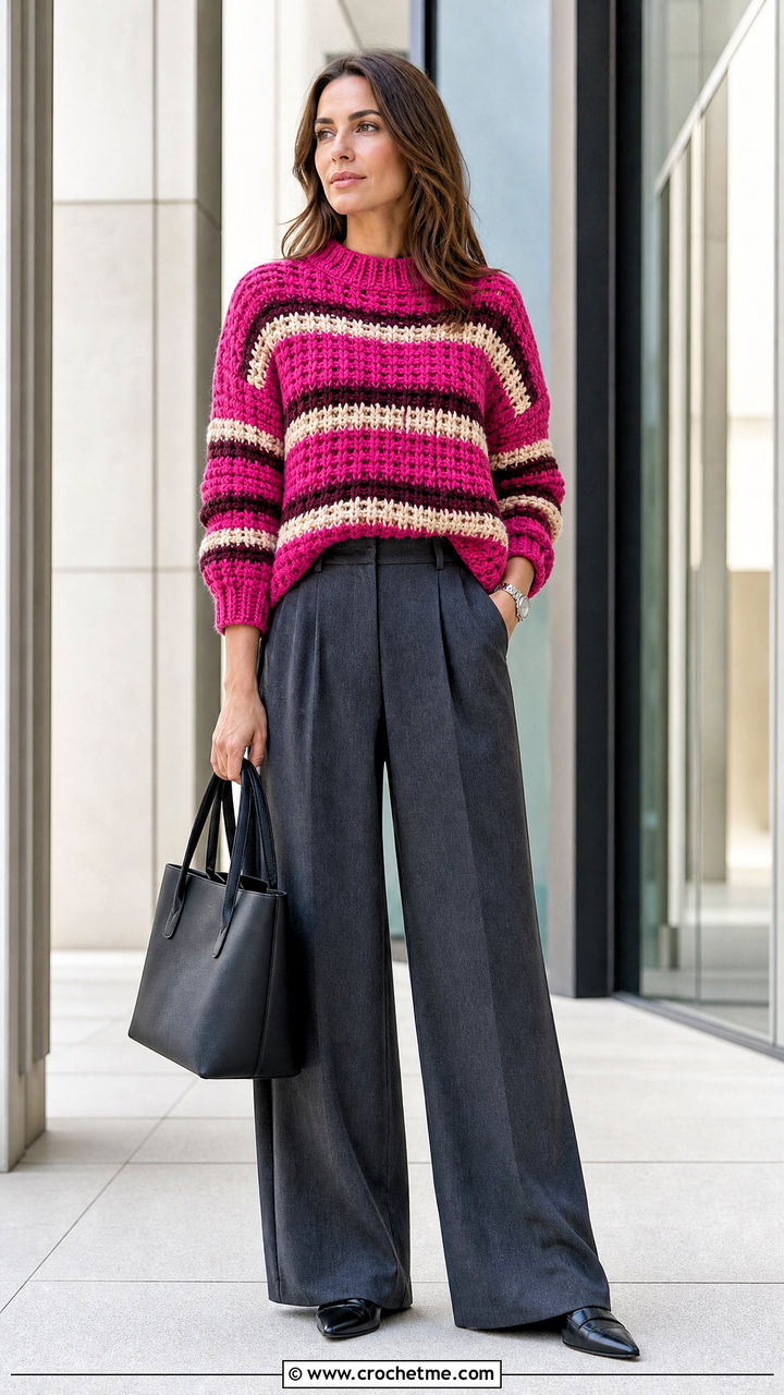 Striped Chunky Crochet Sweater With Wide Leg Trousers - 35 chunky crochet sweater outfit ideas