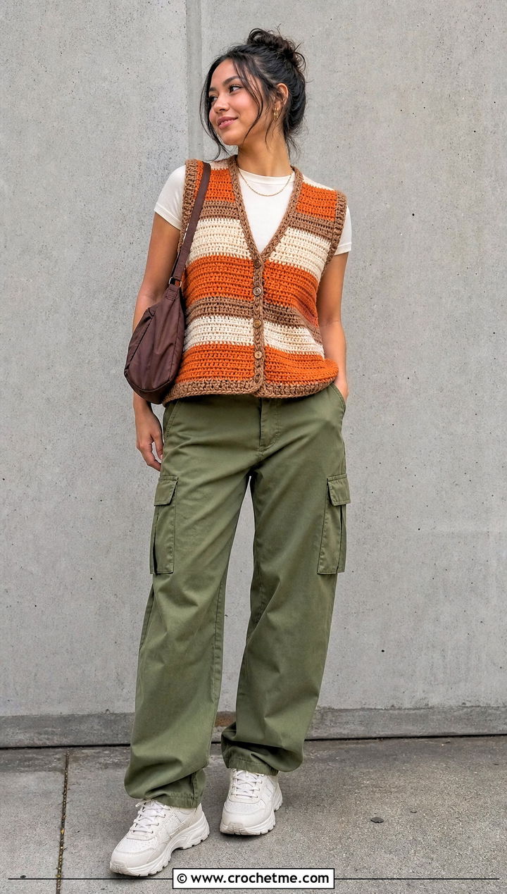 Striped Chunky Crochet Vest With Cargo Pants - 25 Chunky Crochet Vest outfit ideas