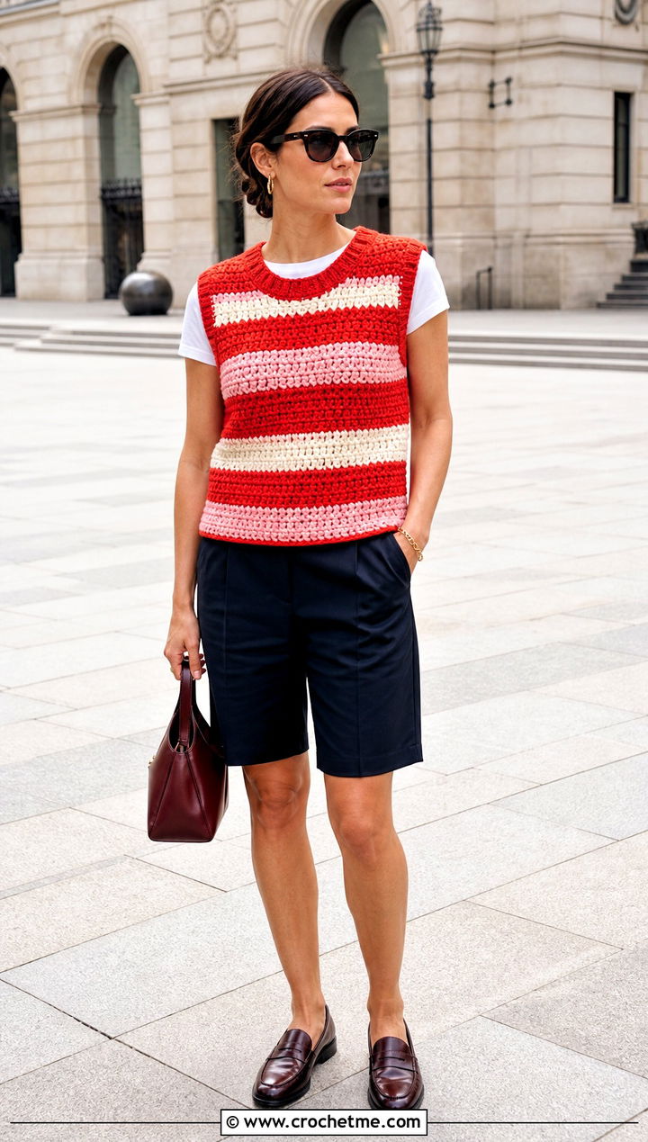 Striped Chunky Crochet Vest With Tailored Shorts - 30 crochet chunky vest outfit ideas