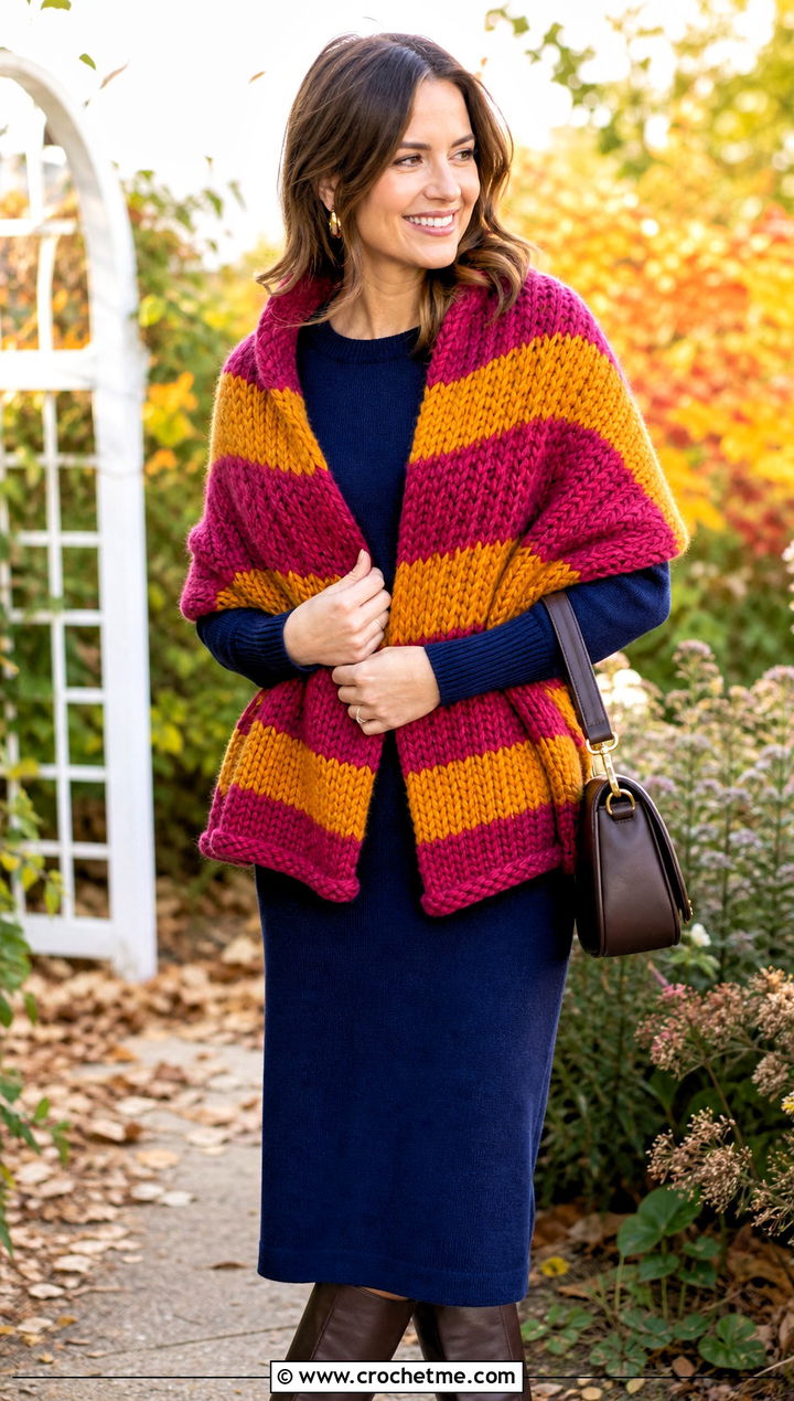 Striped Chunky Shawl With Knit Dress - 25 Crochet Chunky Shawl outfit ideas