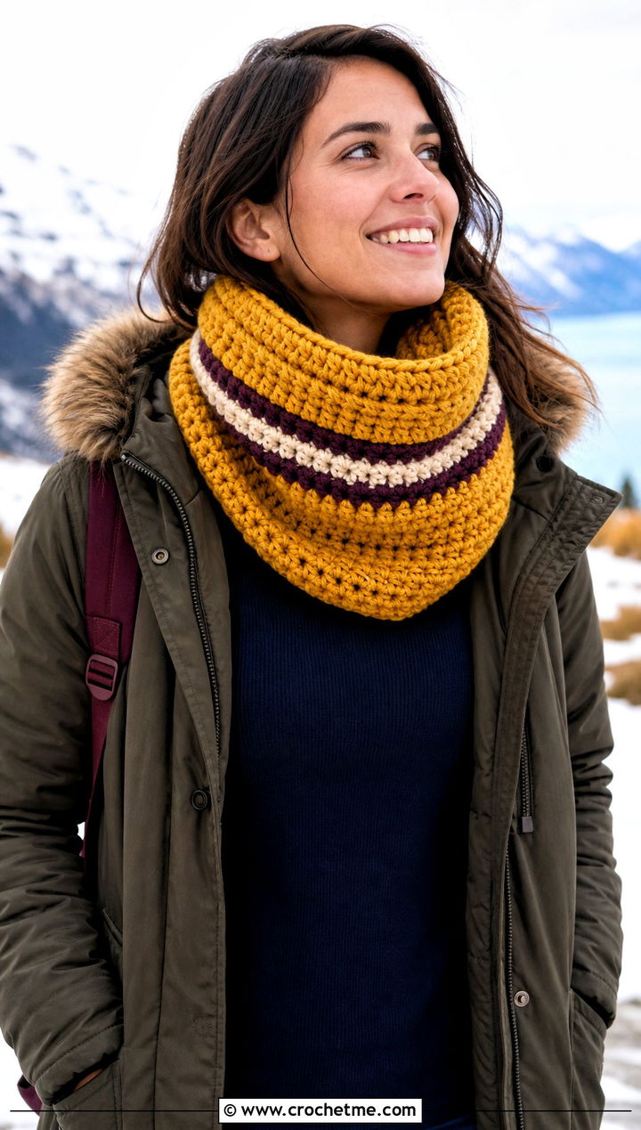 Striped Chunky Yarn Crochet Cowl With Parka - 25 Chunky Yarn Crochet Cowl outfit ideas
