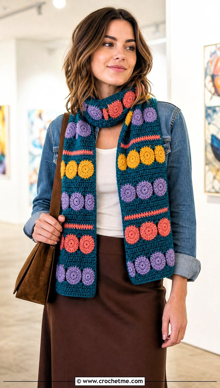 Striped Circle Applique Crochet Scarf With Denim Jacket And Slip Skirt - 15 crochet scarf with colorful circles outfit ideas
