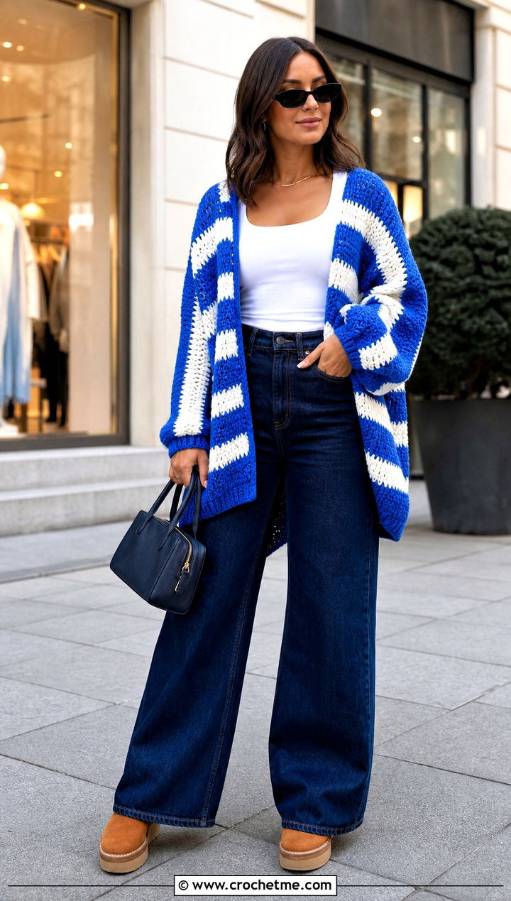 Striped Cocoon Crochet Cardigan With Wide Leg Jeans - 25 Cocoon Crochet Cardigan outfit ideas