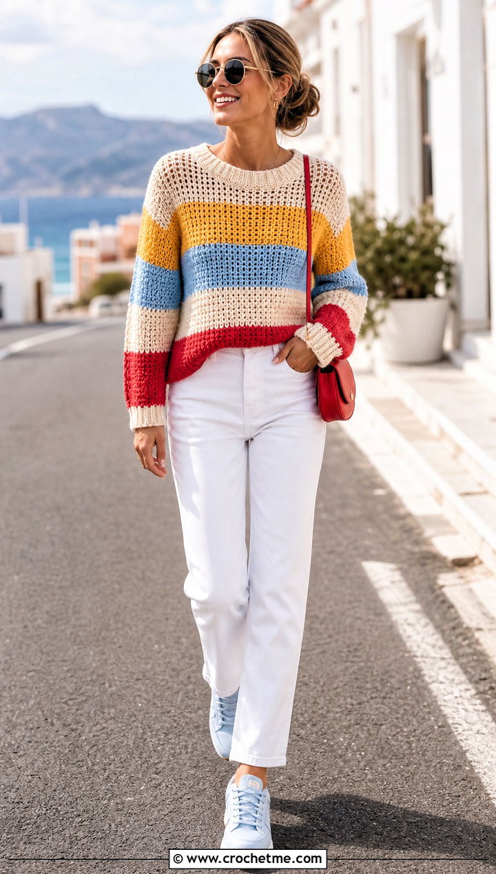 Striped Color Block Crochet Sweater With White Jeans - 25 Color Block Crochet Sweater outfit ideas
