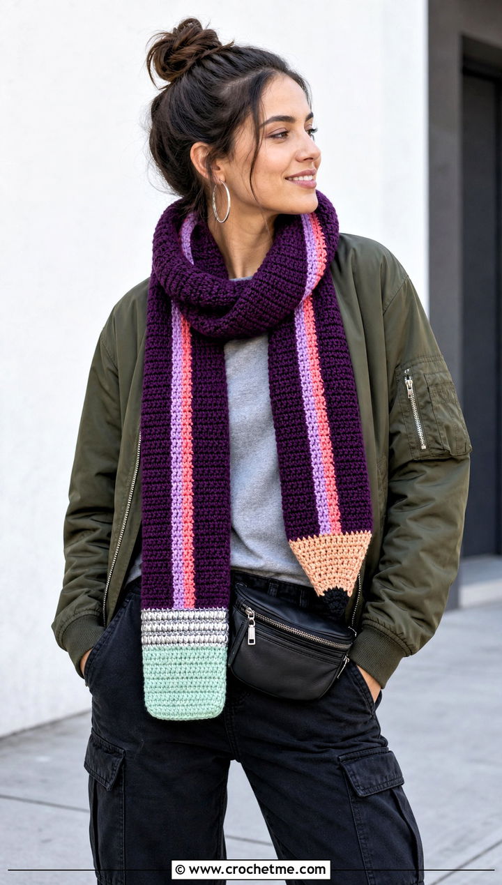 Striped Colored Pencil Crochet Scarf With Bomber Jacket - 30 Pencil Crochet Scarf outfit ideas