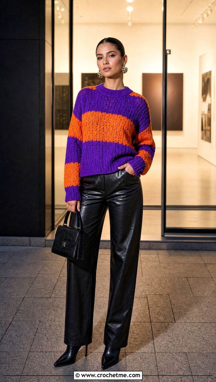 Striped Colourblock Crochet Sweater With Black Leather Pants - 15 Colourblock Crochet Sweater outfit ideas