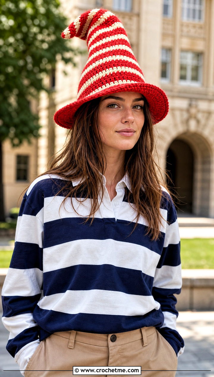 Striped Cone Crochet Scarecrow Hat With Rugby Shirt And Chinos - 30 crochet scarecrow hat outfit ideas