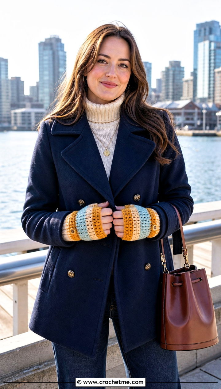 Striped Convertible Crochet Fingerless Mittens With Peacoat - 20 Convertible Crochet Fingerless Mittens outfit ideas