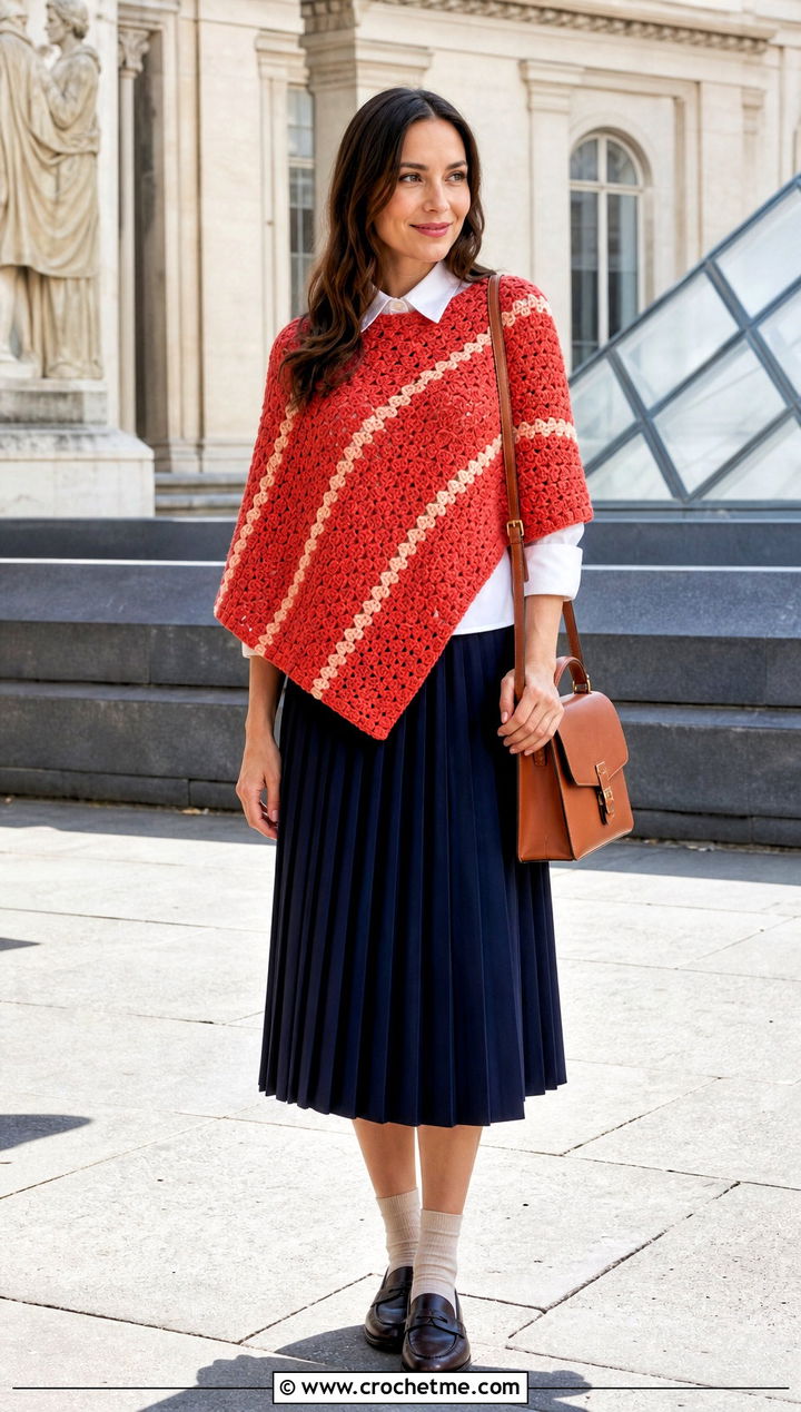 Striped Corner To Corner Crochet Poncho With Pleated Midi Skirt - 15 Corner To Corner Crochet Poncho outfit ideas