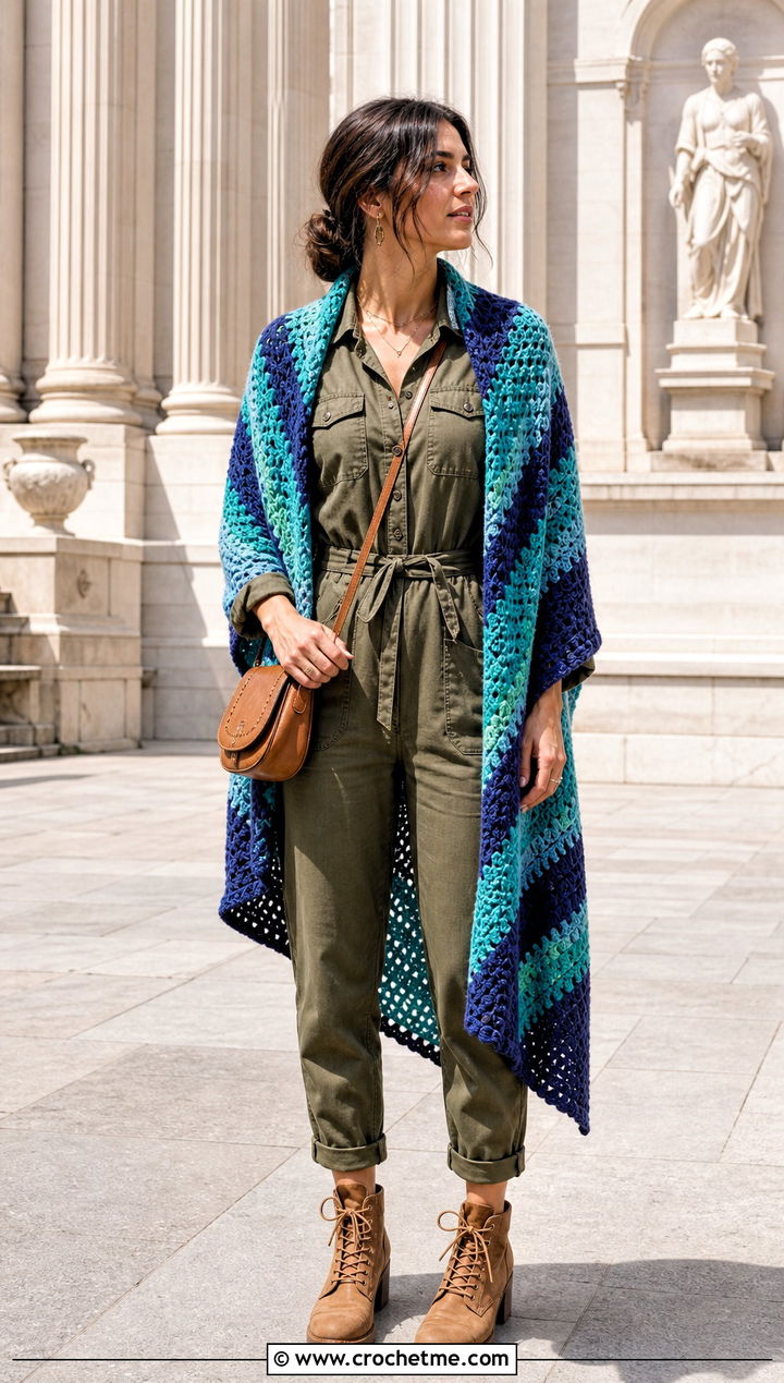 Striped Corner To Corner Crochet Shawl With Utility Jumpsuit - 15 Corner To Corner Crochet Shawl outfit ideas