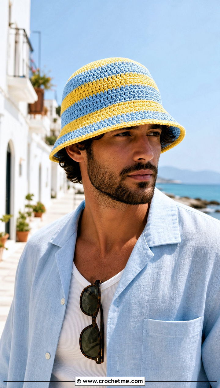 Striped Cotton Crochet Bucket Hat With Linen Shirt - 15 mens crochet bucket hat outfit ideas