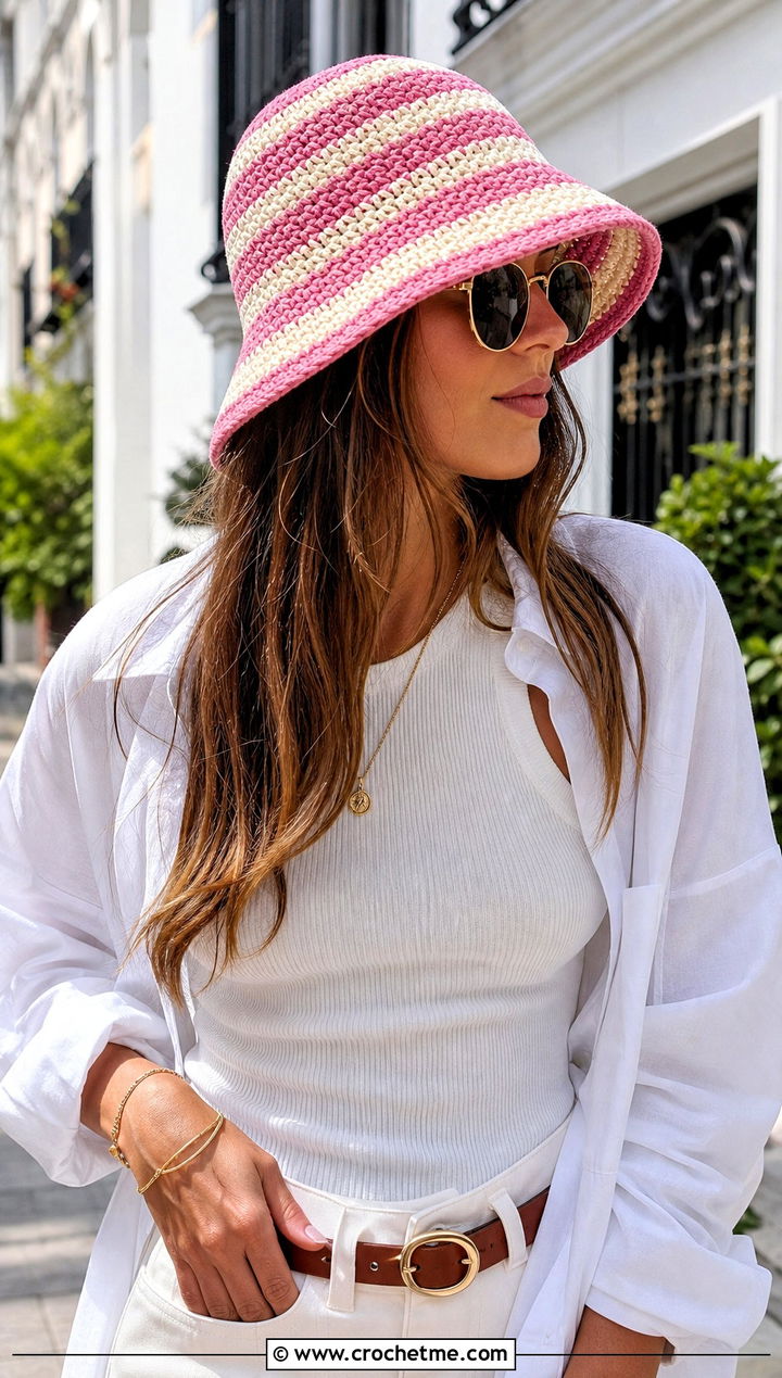 Striped Cotton Crochet Bucket Hat With White Shirt - 25 Crochet Cute Bucket Hat outfit ideas