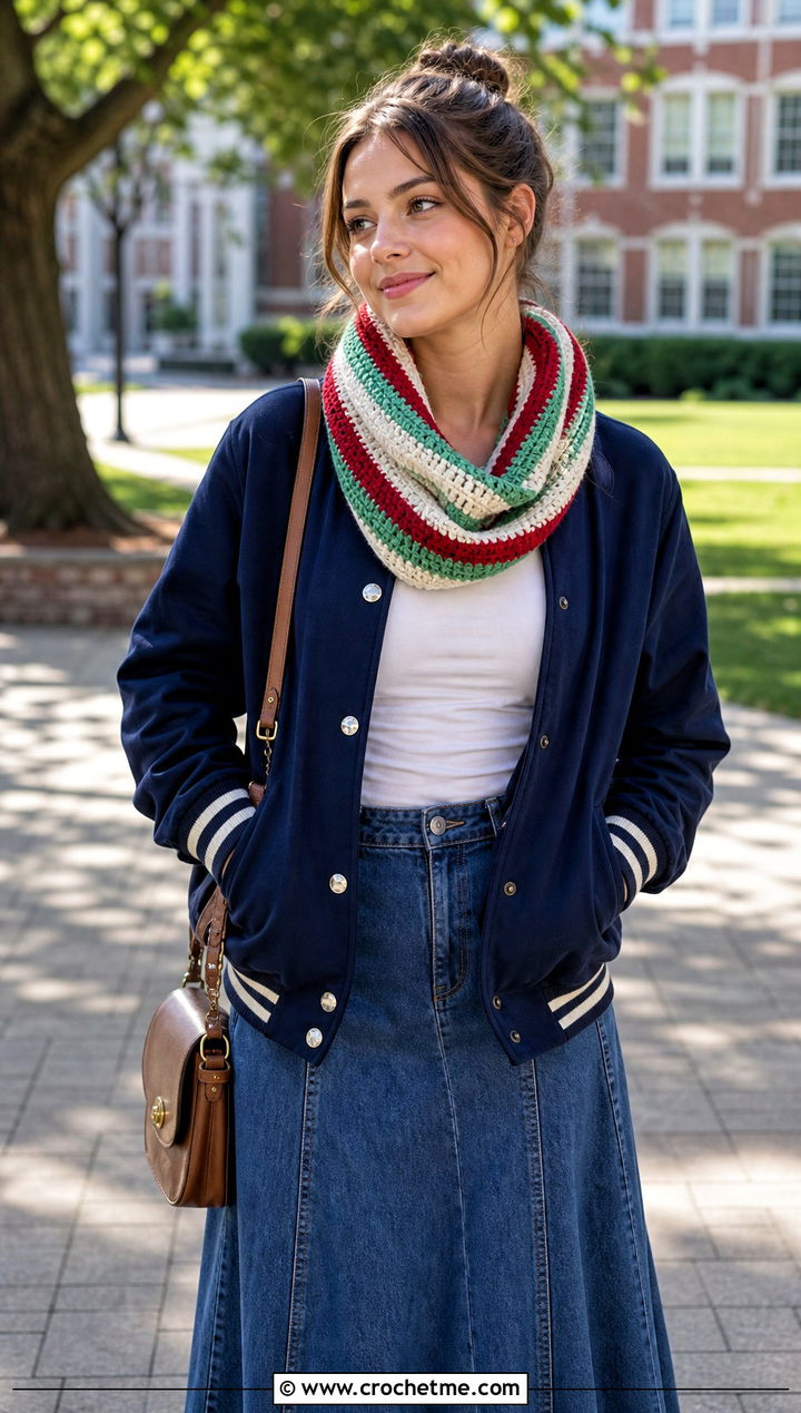 Striped Cowl Neck Crochet Scarf With Varsity Jacket - 25 Cowl Neck Crochet Scarf outfit ideas