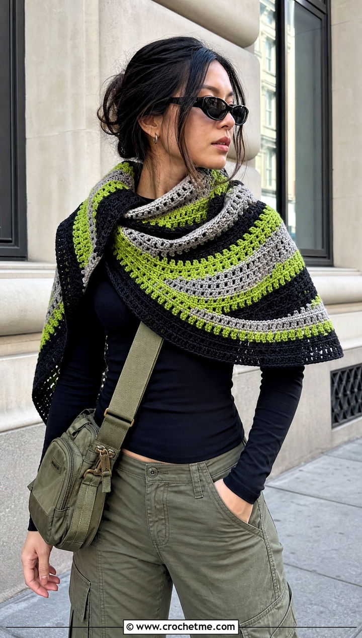 Striped Crescent Crochet Shawl With Cargo Pants - 25 Crescent Crochet Shawl outfit ideas