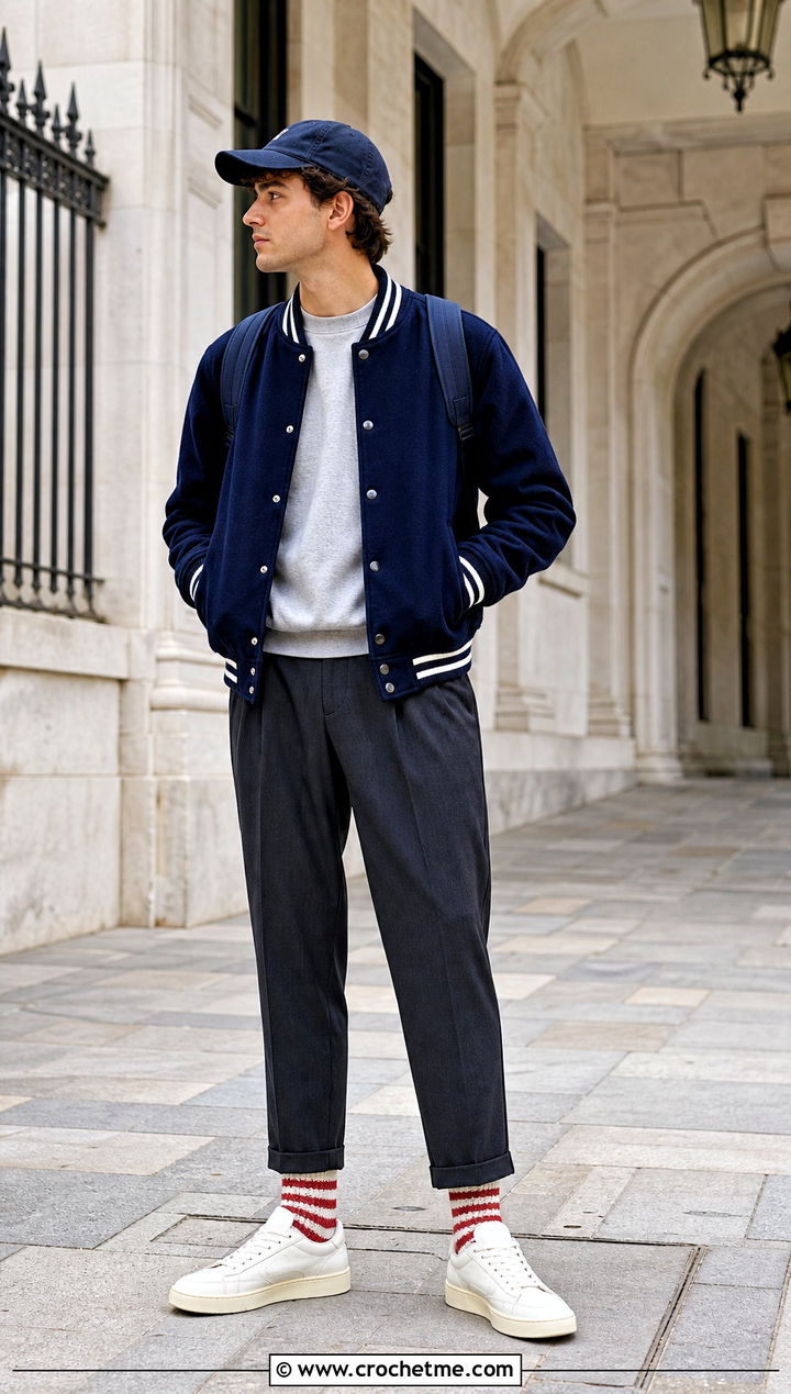 Striped Crew Crochet Socks With Varsity Jacket - 35 crochet socks for men outfit ideas