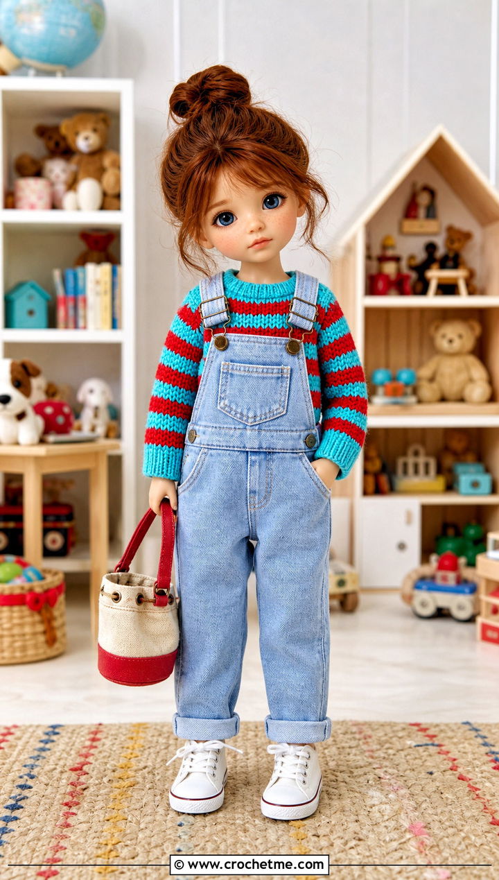 Striped Crewneck Crochet Doll Sweater With Overalls - 20 Crochet Sweater For Dolls outfit ideas