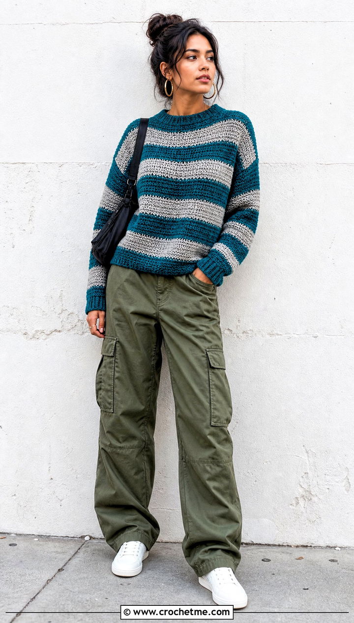 Striped Crewneck Crochet Drop Shoulder Sweater With Cargo Pants - 30 crochet drop shoulder sweater outfit ideas