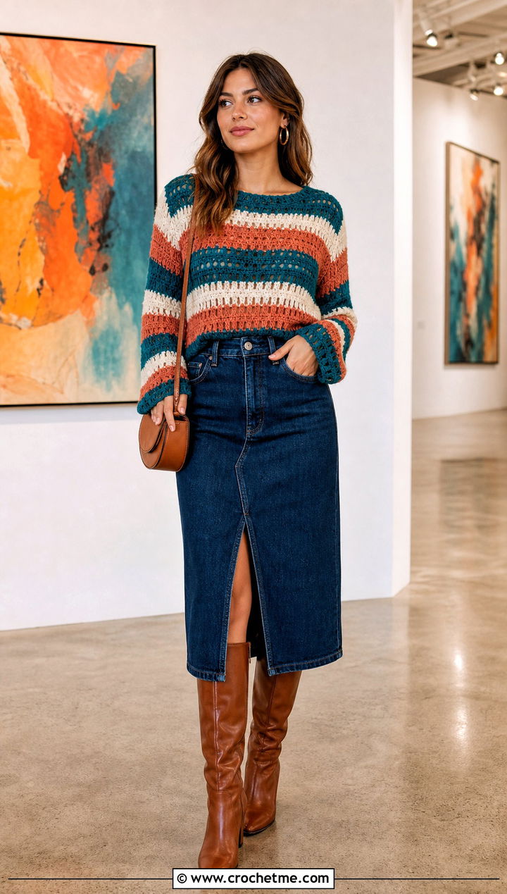Striped Crewneck Crochet Sweater With Denim Midi Skirt - 15 Crochet Sweater 70S outfit ideas