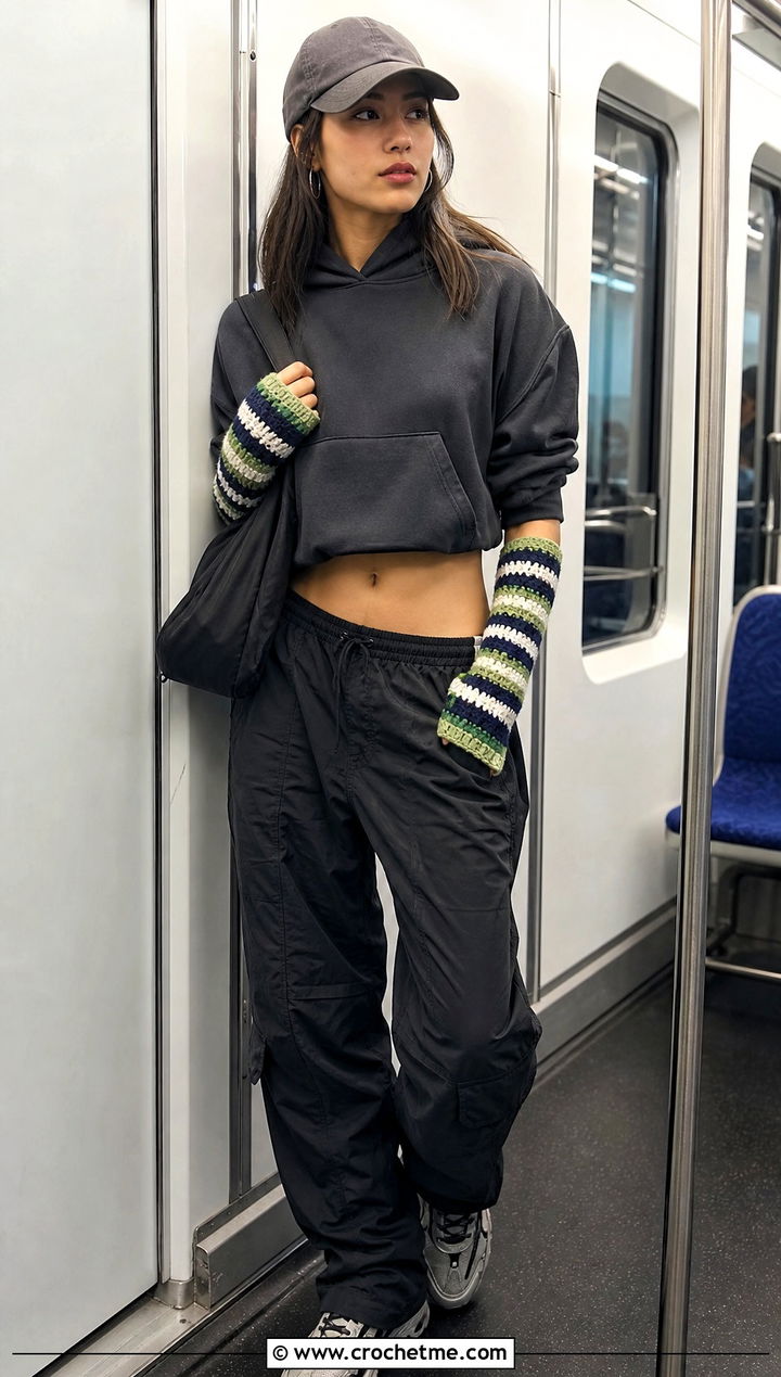 Striped Crochet Arm Warmers With Hoodie And Parachute Pants - 25 Crochet Arm Warmer outfit ideas