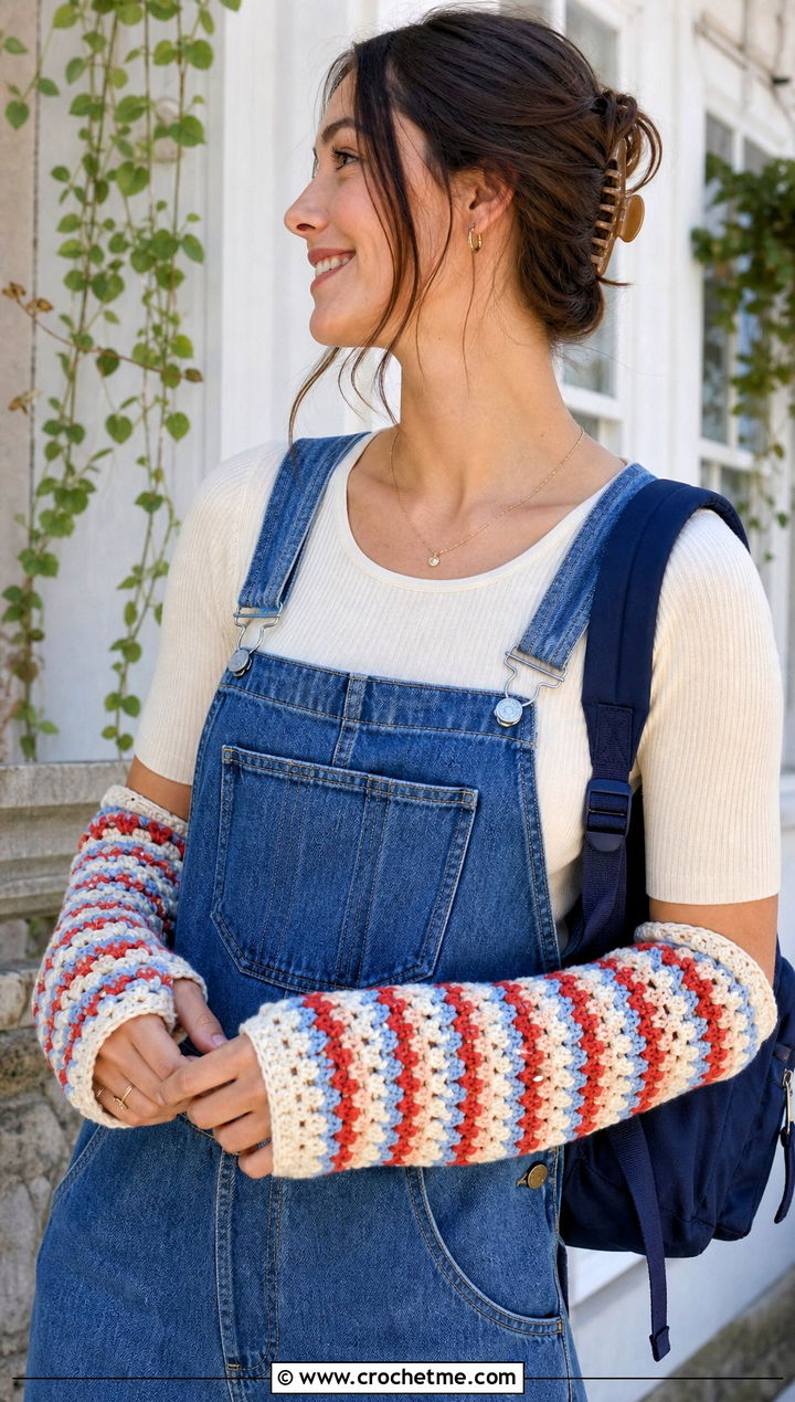 Striped Crochet Arm Warmers With Overalls - 25 Crochet Arm Warmers Aesthetic outfit ideas