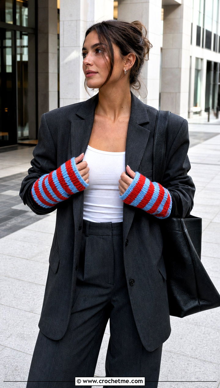 Striped Crochet Arm Warmers With Oversized Blazer And Trousers - 25 Easy Crochet Arm Warmers outfit ideas