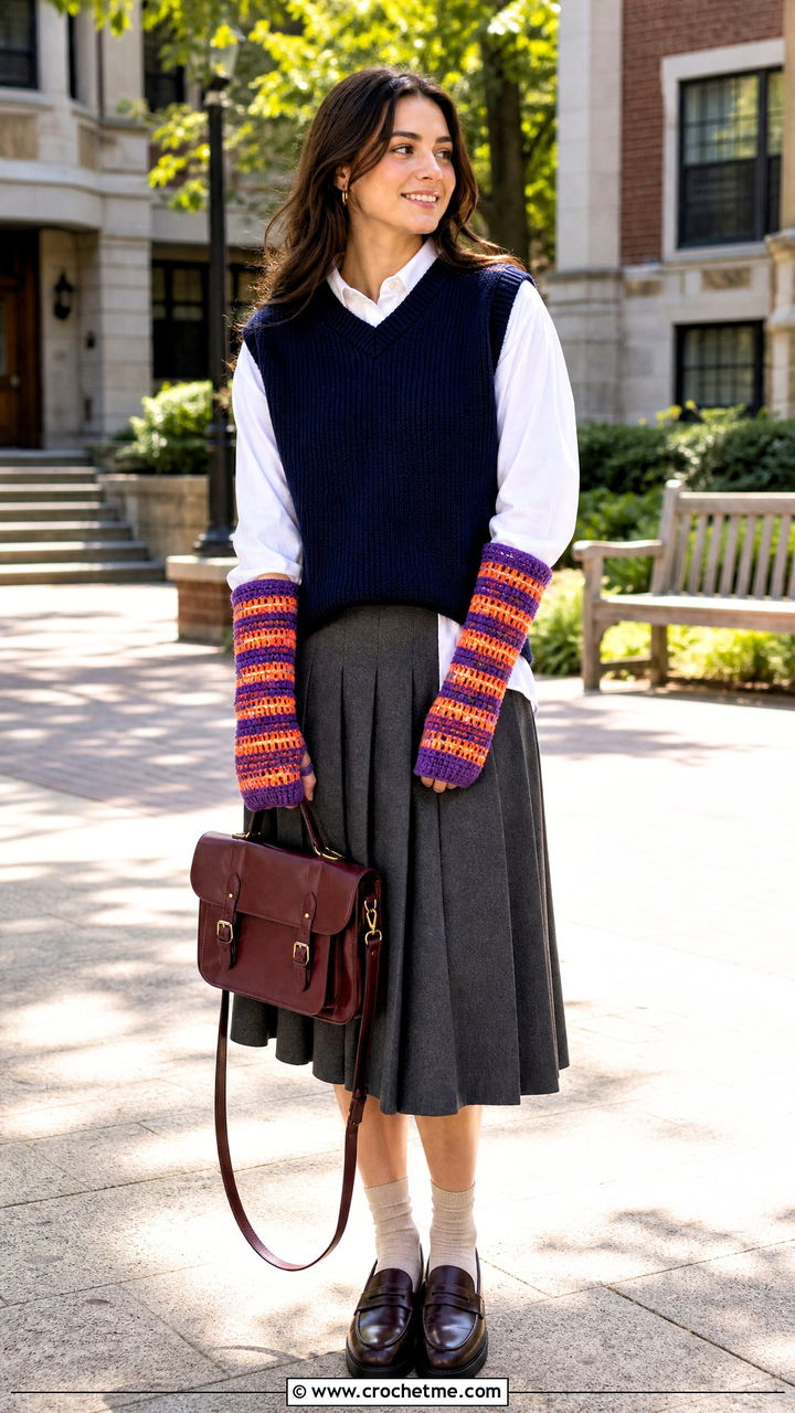 Striped Crochet Arm Warmers With Oversized Sweater Vest - 35 crochet arm warmers outfit ideas