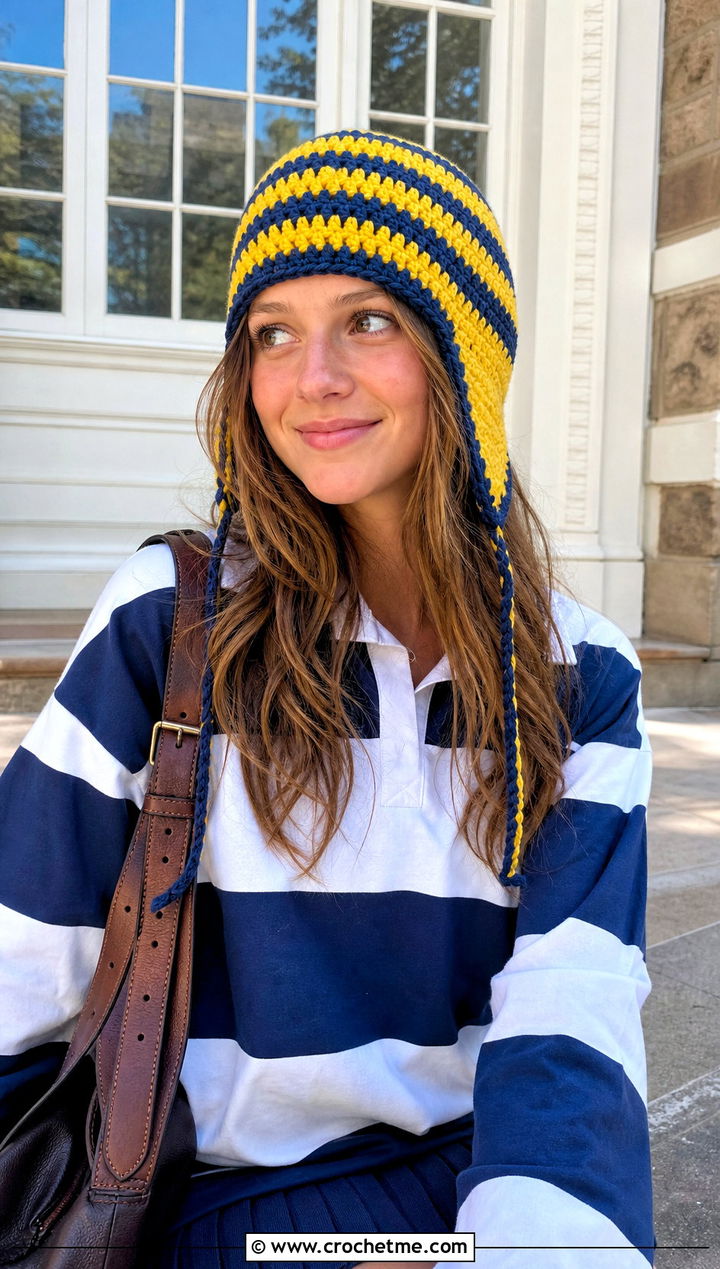 Striped Crochet Aviator Hat With Rugby Shirt - 30 crochet aviator hat outfit ideas