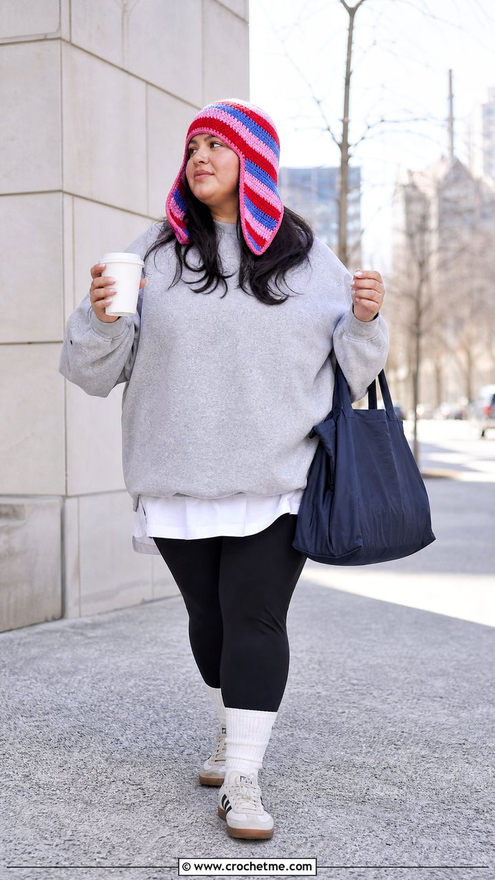 Striped Crochet Aviator Hat With Sweatshirt And Leggings - 35 Crochet Trapper Hat outfit ideas