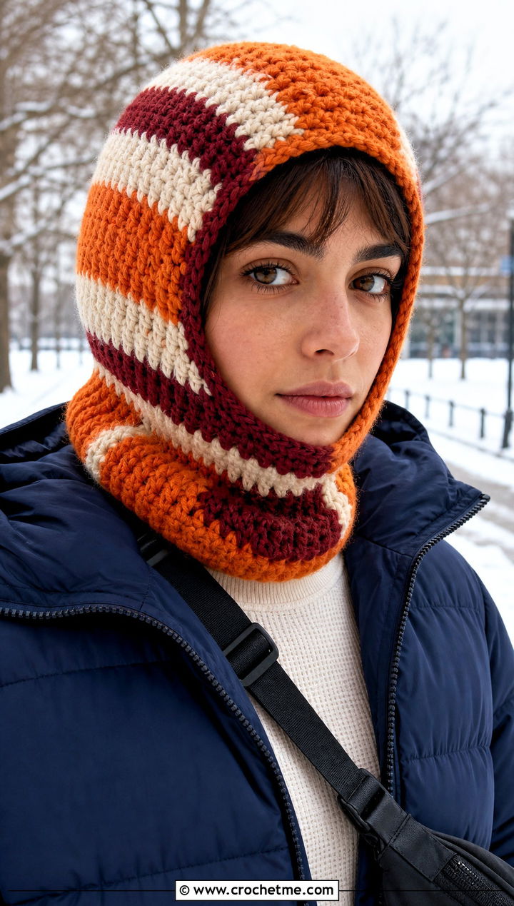 Striped Crochet Balaclava Hat With Puffer Jacket - 25 crochet balaclava hat outfit ideas