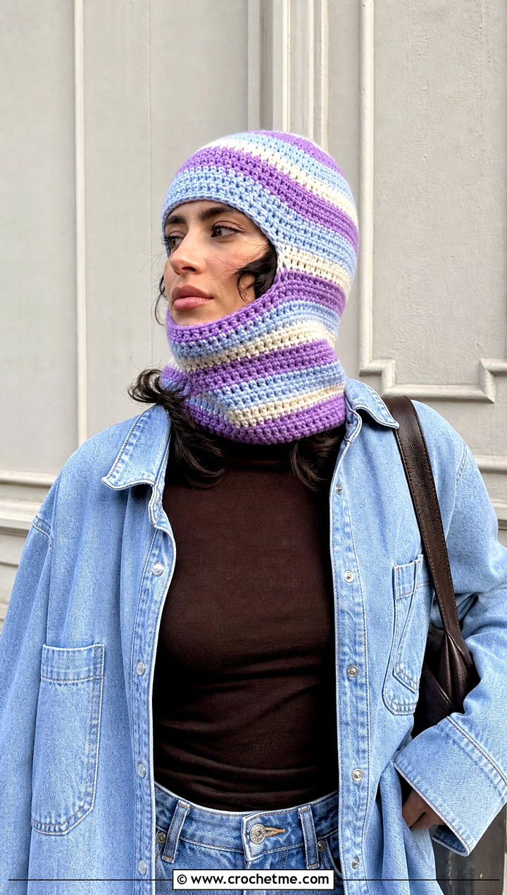 Striped Crochet Balaclava With Double Denim - 20 crochet balaclava ski mask outfit ideas