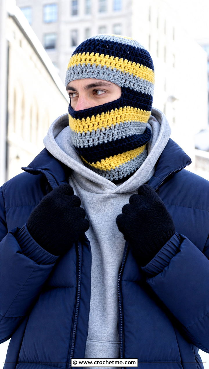 Striped Crochet Balaclava With Puffer Jacket - 30 crochet balaclava for men outfit ideas