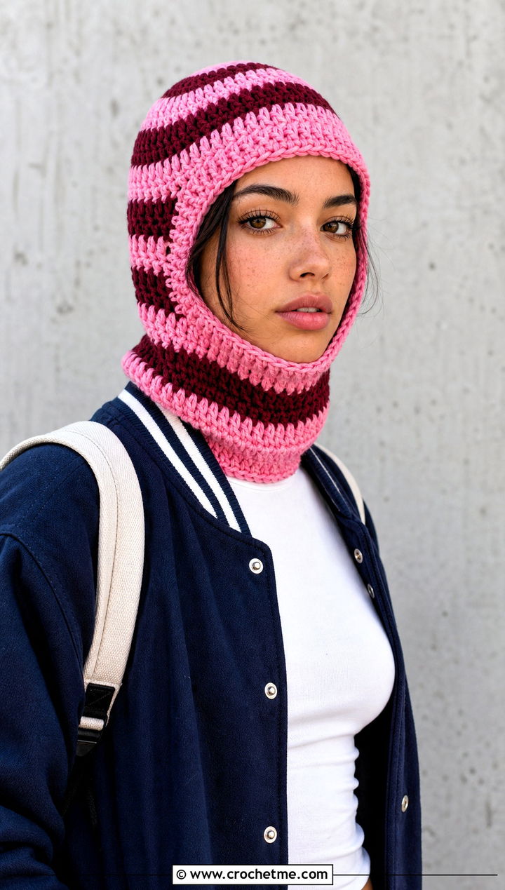 Striped Crochet Balaclava With Varsity Jacket - 25 easy crochet balaclava outfit ideas