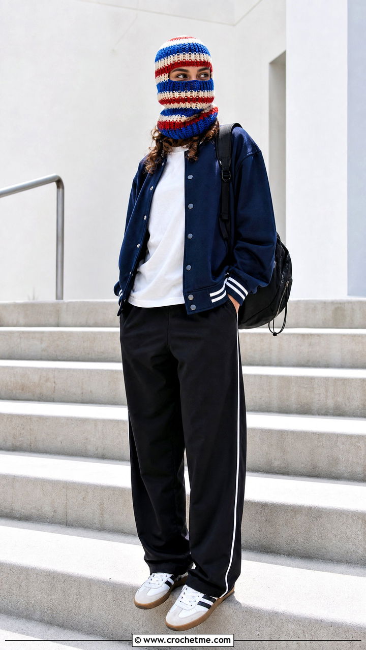 Striped Crochet Balaclava With Varsity Jacket And Track Pants - 35 crochet balaclava outfit ideas