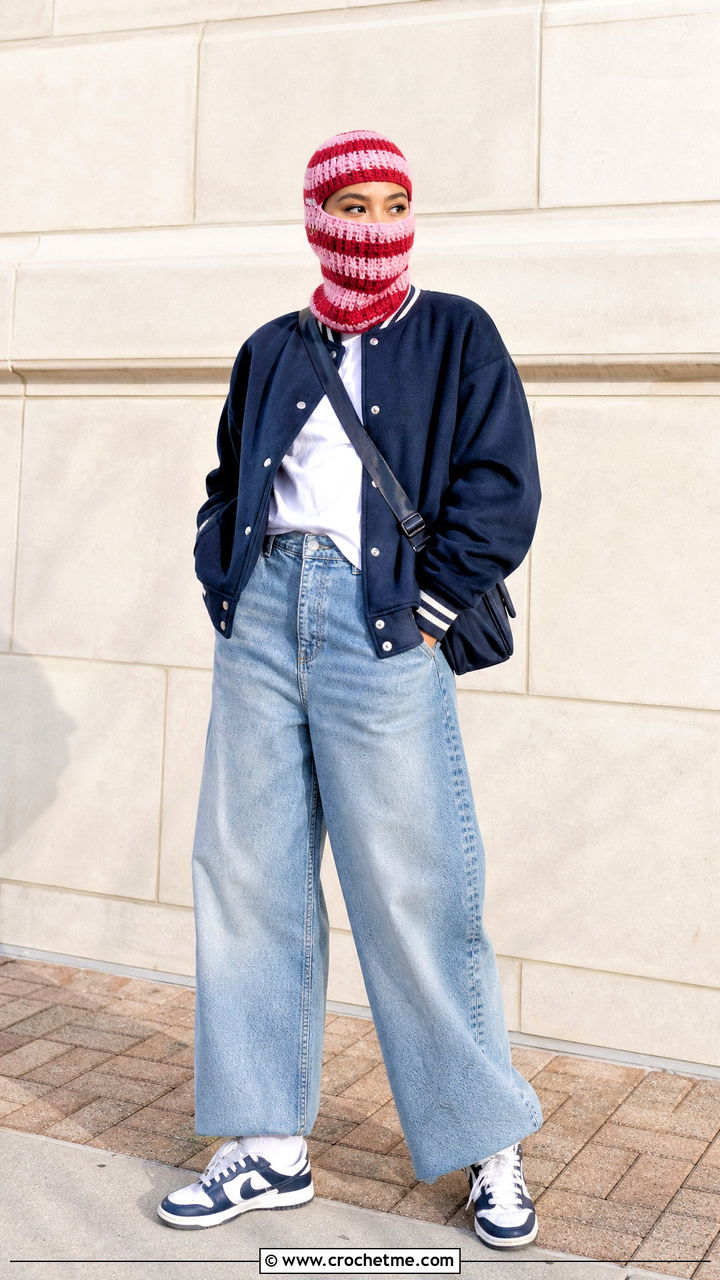 Striped Crochet Balaclava With Varsity Jacket - 35 crochet baclava hat outfit ideas