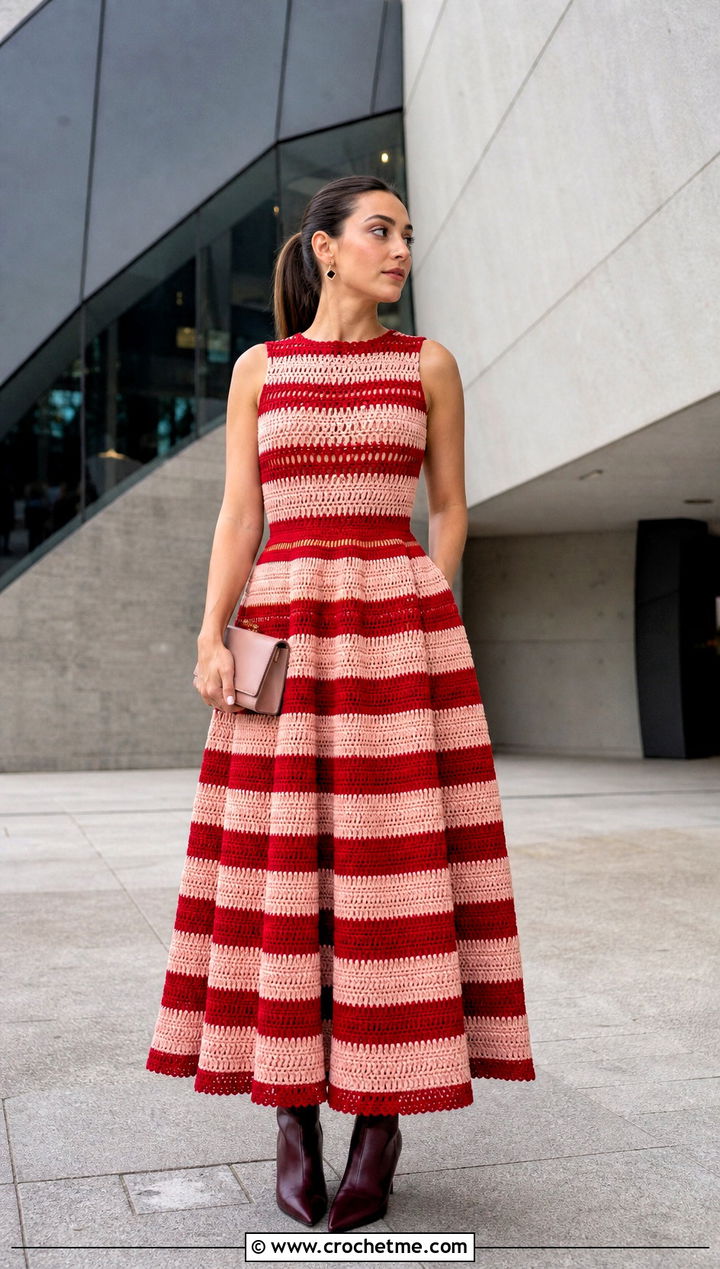Striped Crochet Ball Gown With Sleek Ankle Boots - 30 crochet ball gown dress outfit ideas
