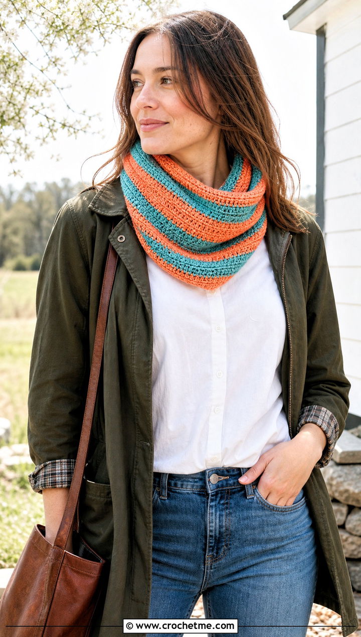 Striped Crochet Bandana Cowl With Barn Jacket - 30 crochet bandana cowl outfit ideas