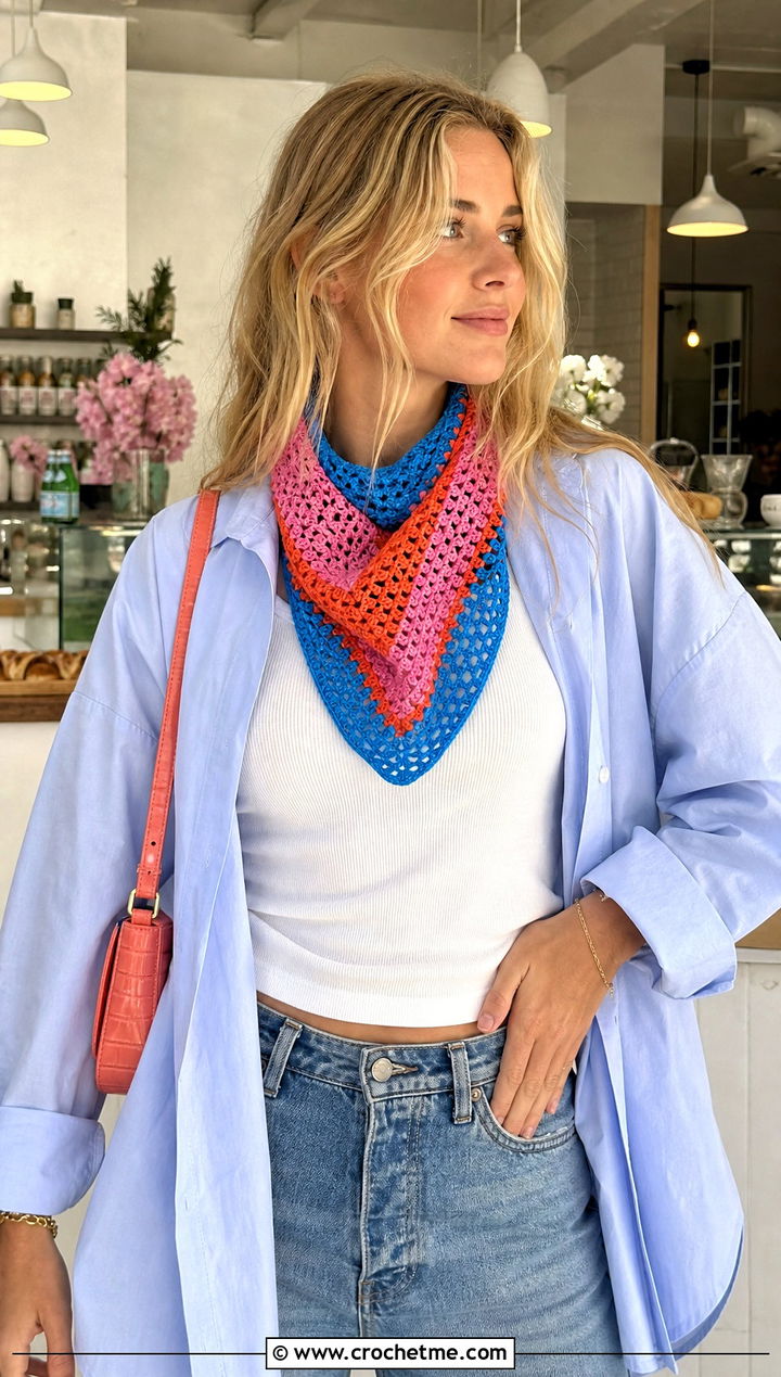 Striped Crochet Bandana Scarf With Oversized Shirt - 30 striped crochet scarf outfit ideas