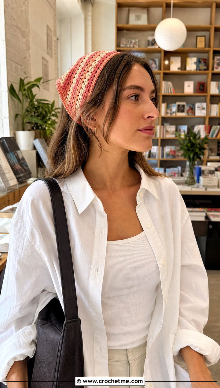 Striped Crochet Bandana With White Button Down Shirt - 25 crochet bandana hair scarf outfit ideas
