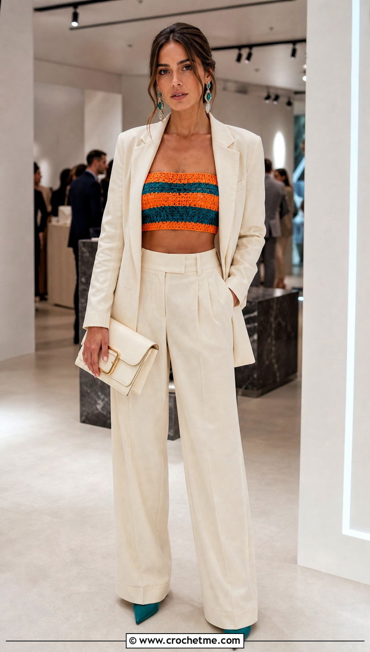 Striped Crochet Bandeau Top With Pantsuit - 35 crochet striped top outfit ideas