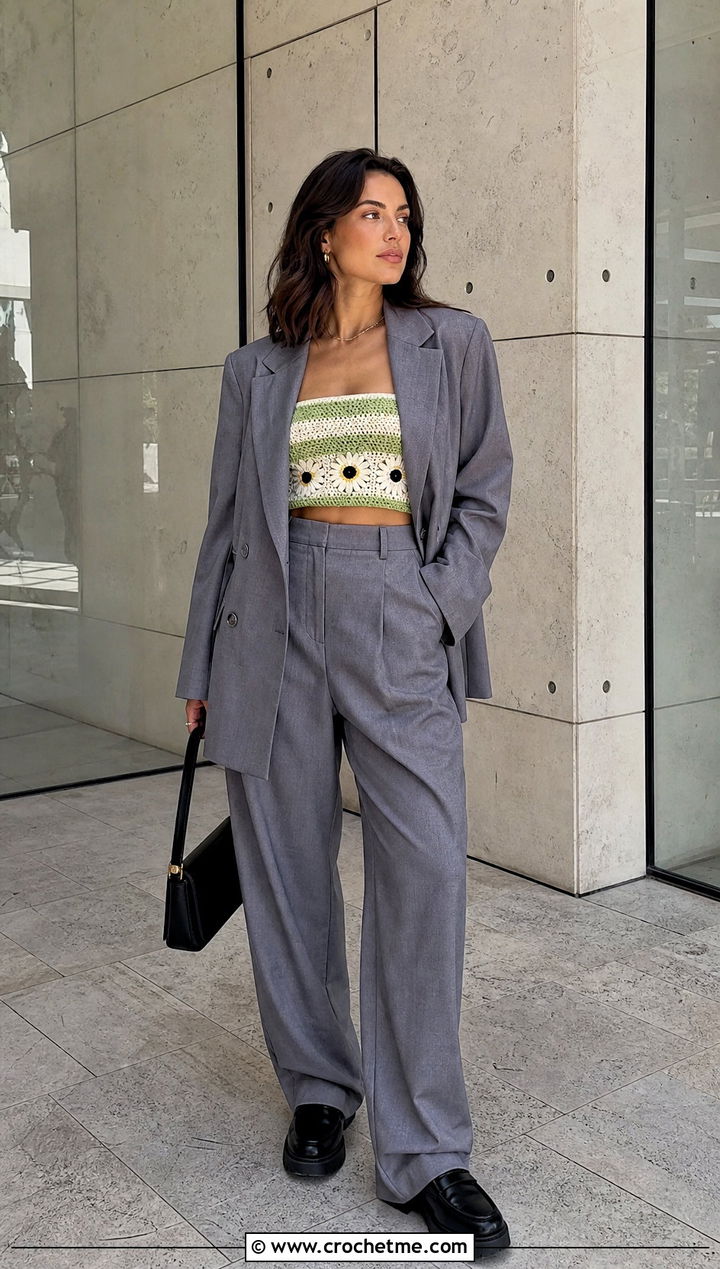 Striped Crochet Bandeau With Oversized Suit - 25 Daisy Jones Crochet Top outfit ideas